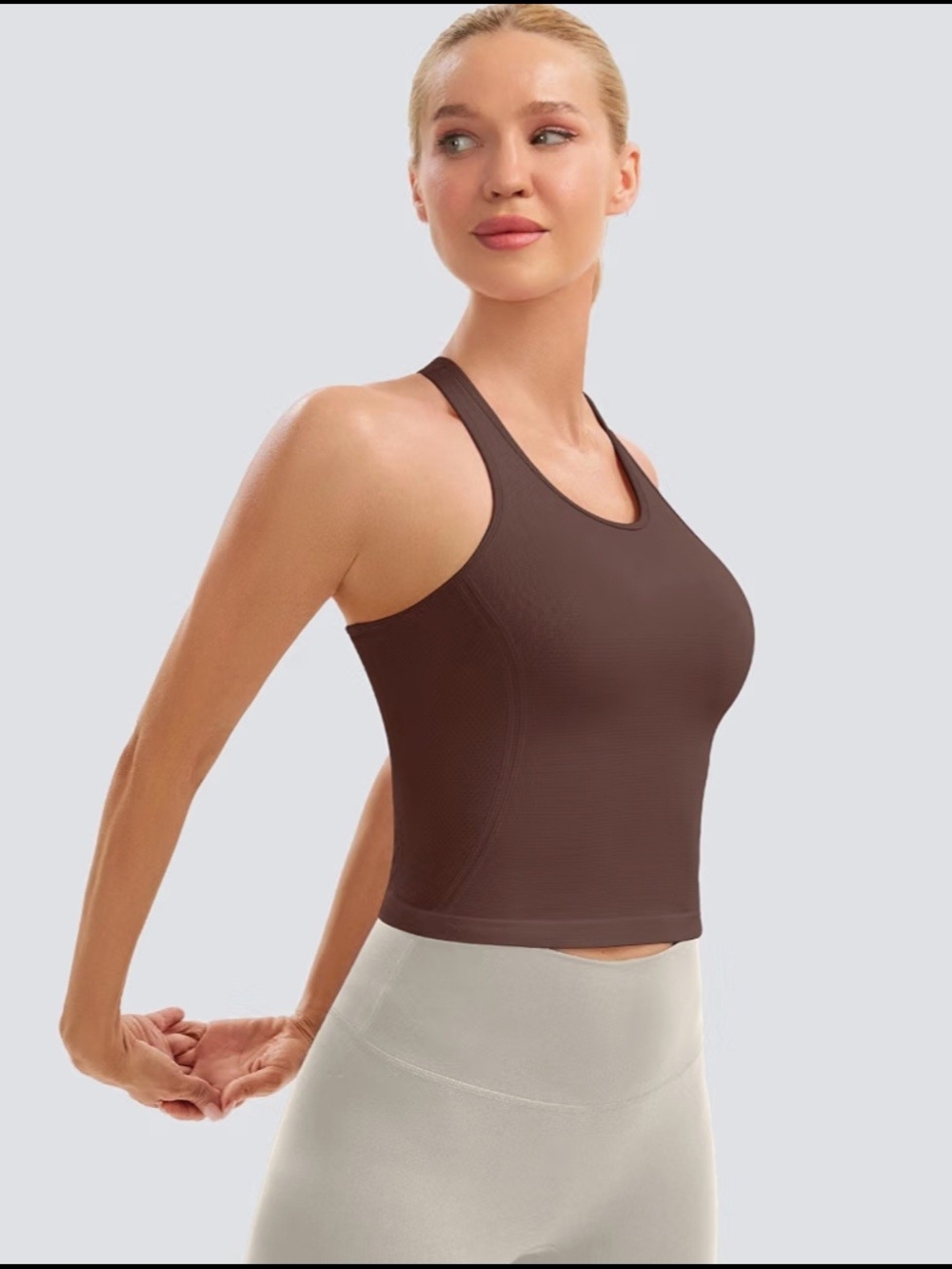 MathCat Longline Stretch Ribbed Racerback Crop Tank Top/ Sports Bra - Coffee